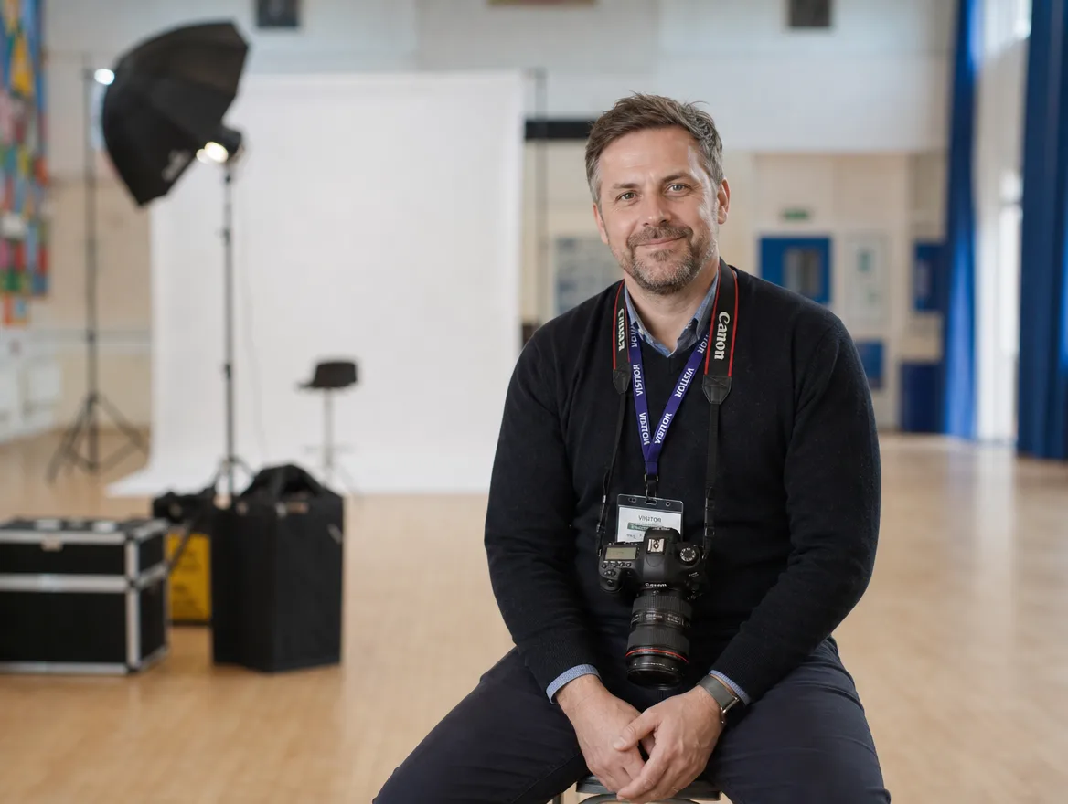 A school photographer in a school hall, ready for the day's portraits
